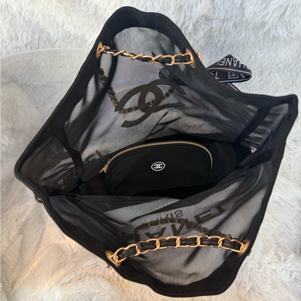Chanel GWP Mesh Tote Bag with Makeup Pouch Set Black Beach Bag Large - Picture 4 of 8